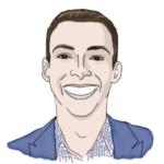 An illustration of Jeremy Weprich. He has light skin, short brown hair, and is wearing a checkered collared shirt under a blue blazer.