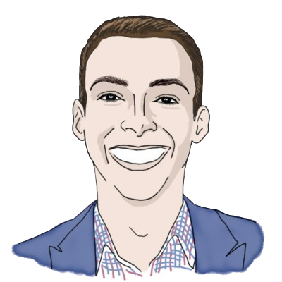 An illustration of Jeremy Weprich. He has light skin, short brown hair, and is wearing a checkered collared shirt under a blue blazer.