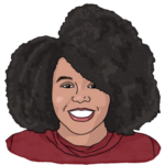 A head-and-shoulders illustration of Julia Potts. She has dark brown skin, a voluminous styled afro and is wearing a red sweater.