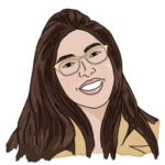 A head-and-shoulders illustration of Kano. She has medium brown skin, long brown hair and is wearing a darker yellow jacket. She has glasses and is smiling with her mouth open.