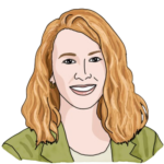 A head-and-shoulders illustration of Nikki Cooper. She has light skin, curly red hair, and a lime green blazer.