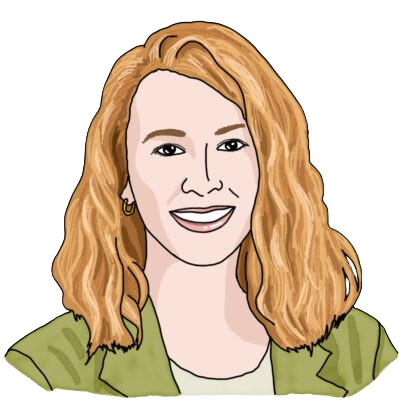 A head-and-shoulders illustration of Nikki Cooper. She has light skin, curly red hair, and a lime green blazer.