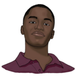 A head-and-shoulders illustration of Richard. He has dark brown skin, short black hair and is wearing a maroon collared shirt.