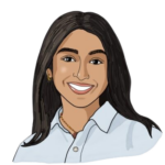 A head-and-shoulders illustration of Sara. She has shoulder-length, nearly black hair, medium-toned brown skin, and is wearing a collared light blue button-up shirt.