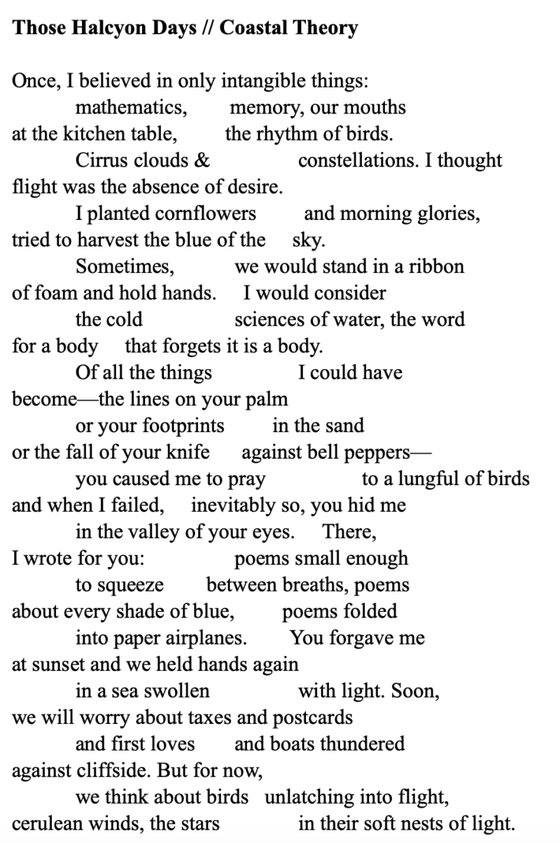poem text: Once, I believed in only intangible things: mathematics, memory, our mouths at the kitchen table, the rhythm of birds. Cirrus clouds & constellations. I thought flight was the absence of desire. I planted cornflowers and morning glories, tried to harvest the blue of the sky. Sometimes, we would stand in a ribbon of foam and hold hands. I would consider the cold sciences of water, the word for a body that forgets it is a body. Of all the things I could have become—the lines on your palm or your footprints in the sand or the fall of your knife against bell peppers— you caused me to pray to a lungful of birds and when I failed, inevitably so, you hid me in the valley of your eyes. There, I wrote for you: poems small enough to squeeze between breaths, poems about every shade of blue, poems folded into paper airplanes. You forgave me at sunset and we held hands again in a sea swollen with light. Soon, we will worry about taxes and postcards and first loves and boats thundered against cliffside. But for now, we think about birds unlatching into flight, cerulean winds, the stars in their soft nests of light.