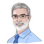 A head-and-shoulders illustration of Stu Schmill, dean of admissions. He has light skin, short grey hair and a beard, and is wearing rectangular glasses and a blue collared shirt with a darker blue tie.