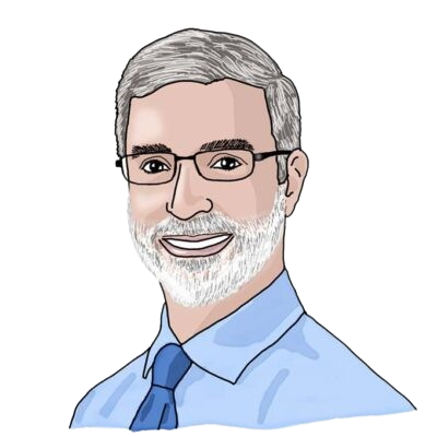 A head-and-shoulders illustration of Stu Schmill, dean of admissions. He has light skin, short grey hair and a beard, and is wearing rectangular glasses and a blue collared shirt with a darker blue tie.