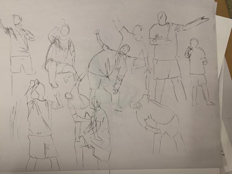 The image features a series of lightly sketched human figures rendered in black ink on a white background. The drawings are minimally detailed, focusing on outlines and general shapes rather than facial features. The figures exhibit various poses—some with arms raised, bent, or extended—as if engaged in sports or celebratory actions. The composition is loose and fluid, with overlapping figures arranged in a dynamic layout that emphasizes movement. The approximate dimensions of the figures vary, contributing to a sense of depth and activity across the canvas.