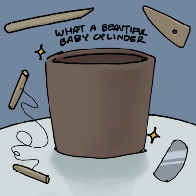 a drawing of a clay cylinder with pottery tools around it