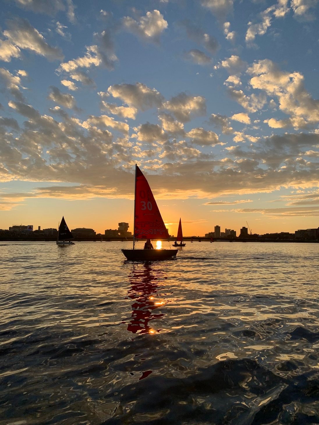 Sailboats with colorful sails glide across shimmering water at sunset, with a city skyline silhouetted against a vibrant sky.