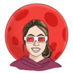 A head-and-shoulders illustration of Jebby B., who is wearing a magenta hoodie and has shoulder-length brown hair tied back. She is wearing red-only 3D glasses and in front of a red blood moon.