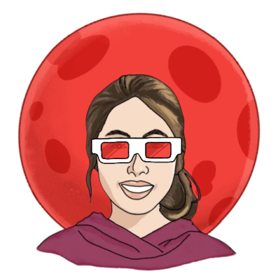 A head-and-shoulders illustration of Jebby B., who is wearing a magenta hoodie and has shoulder-length brown hair tied back. She is wearing red-only 3D glasses and in front of a red blood moon.