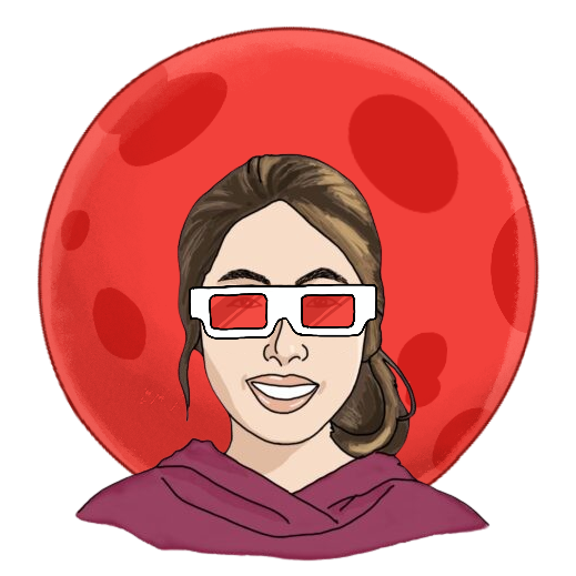 A head-and-shoulders illustration of Jebby B., who is wearing a magenta hoodie and has shoulder-length brown hair tied back. She is wearing red-only 3D glasses and in front of a red blood moon.