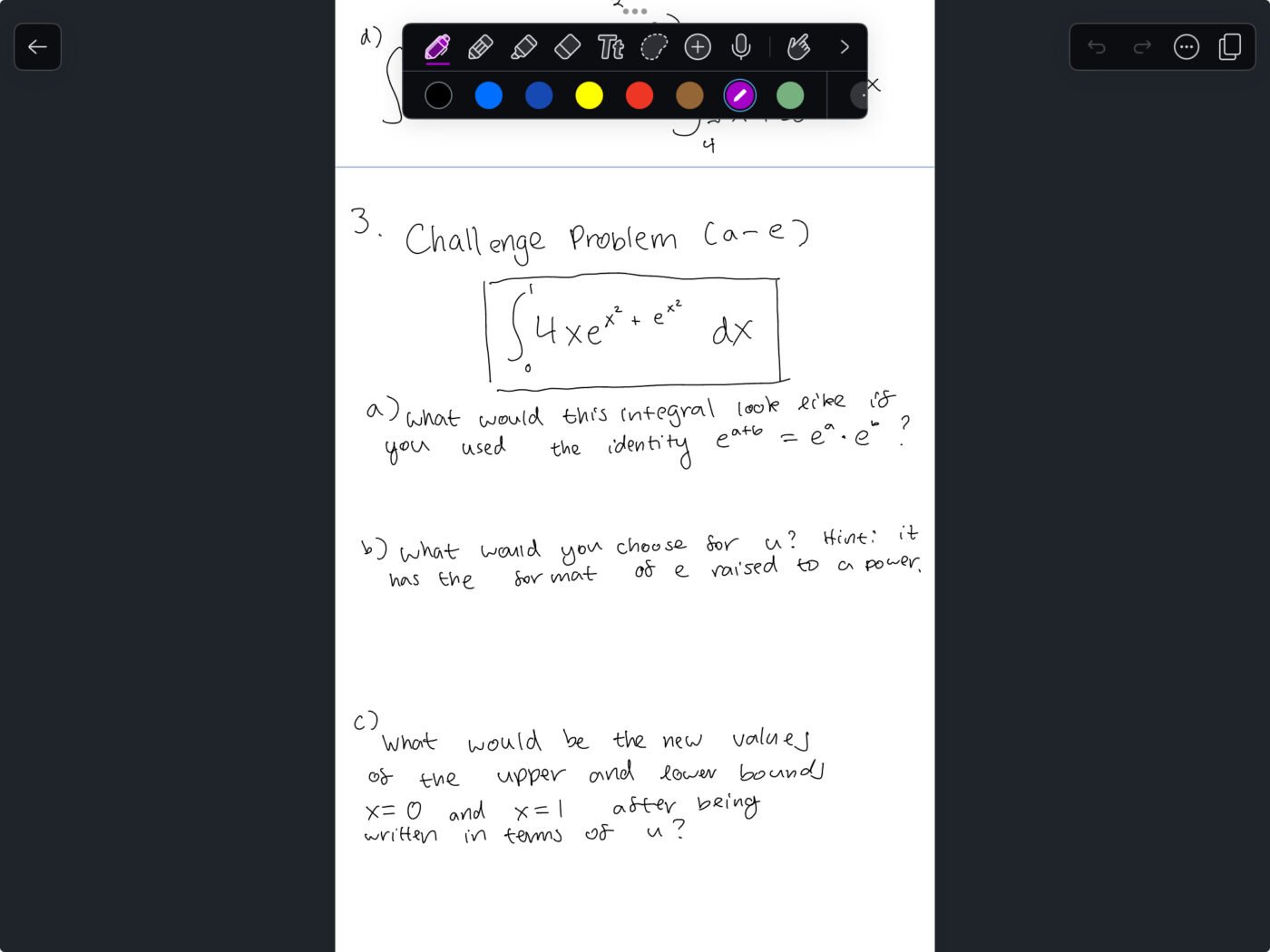 A vertically oriented digital notes page shows hand-written, dark-purple-inked mathematical and conceptual questions. It includes an integral expression enclosed in a box and follow-up questions asking how to rework and solve the problem. A dark-gray menu bar is at the top, displaying digital pen and text tools.