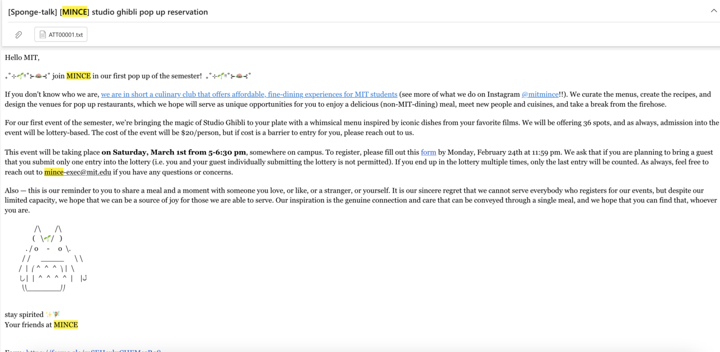 Screenshot of an email titled "[Sponge-talk] [MINCE] studio ghibli pop up reservation." The email, addressed to "Hello MIT," announces a MINCE pop-up event inspired by Studio Ghibli films. Text provides event details: date (March 1st), time (5-6:30 pm), cost ($20), lottery-based admission. Hyperlinks for registration and contact (mince-exec@mit.edu) are included. A simple ASCII art image of a spirit is below the text of the event. The sender is identified as "Your friends at MINCE."