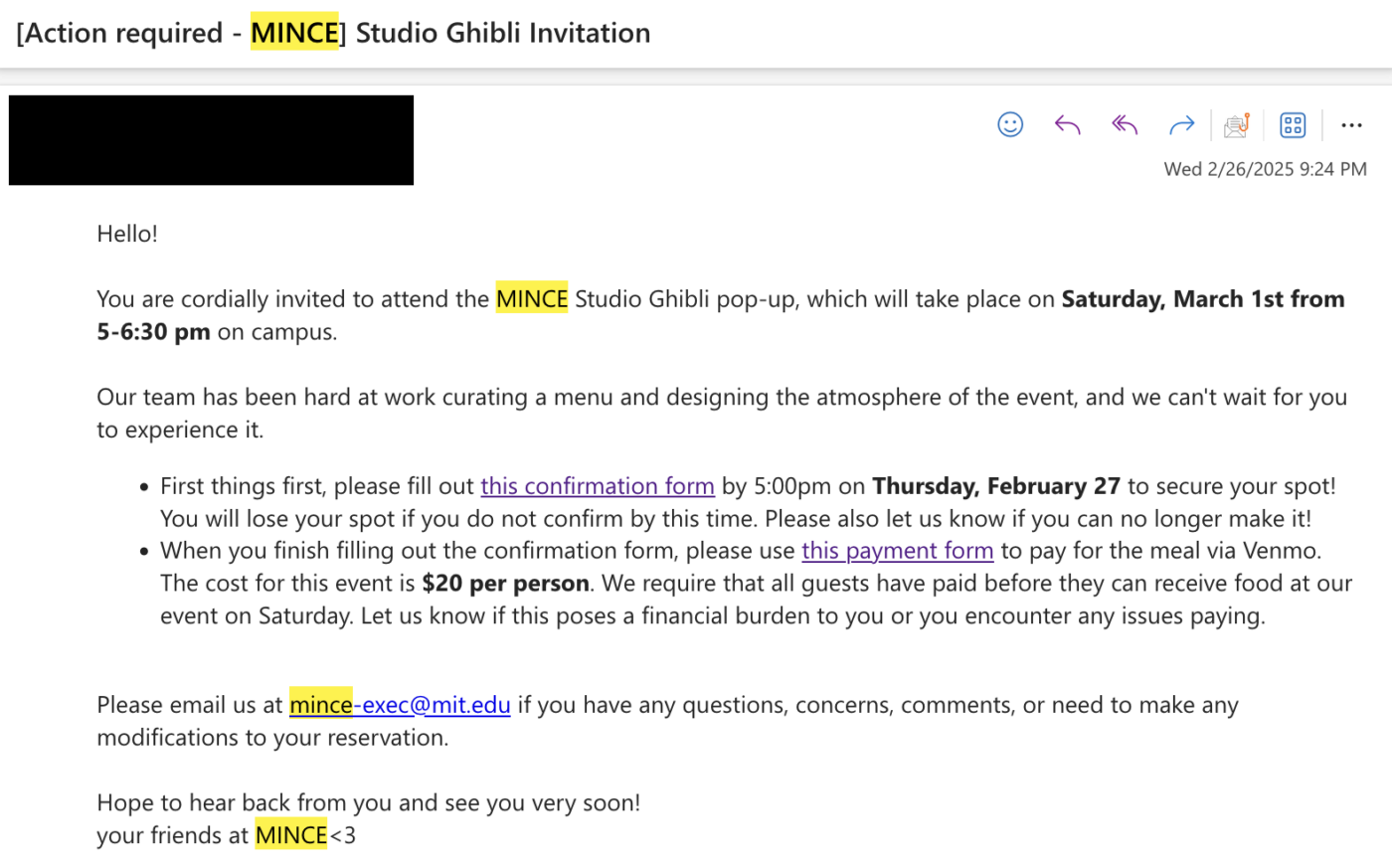 Screenshot of an email with a white background features black bullet points and blue underlined hyperlinks. The subject line reads "[Action required - MINCE] Studio Ghibli Invitation." The email body contains event details, deadlines, and contact information in a clear, sans-serif font. MINCE highlighted in yellow throughout the body of the message. The layout is clean and easy to read.