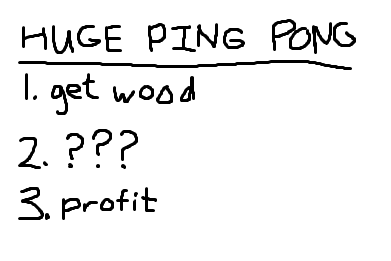 plan for huge ping pong. 1: get wood, 2: ???, 3; profit