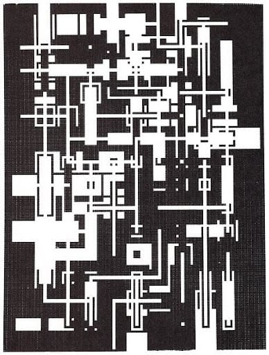 a piece of graphic art with a black background and many white rectangles on it