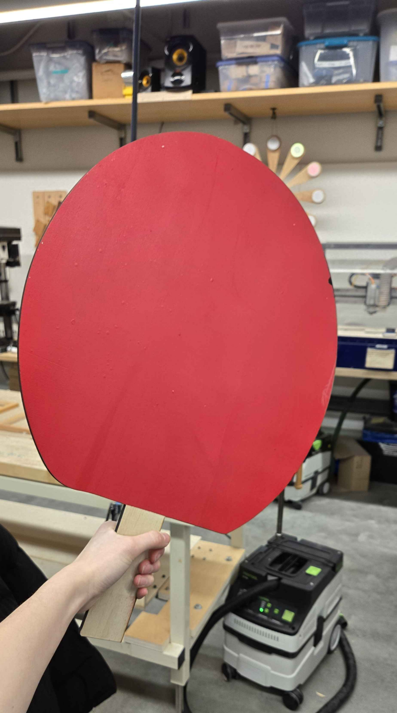 my hand holding a very large ping pong paddle