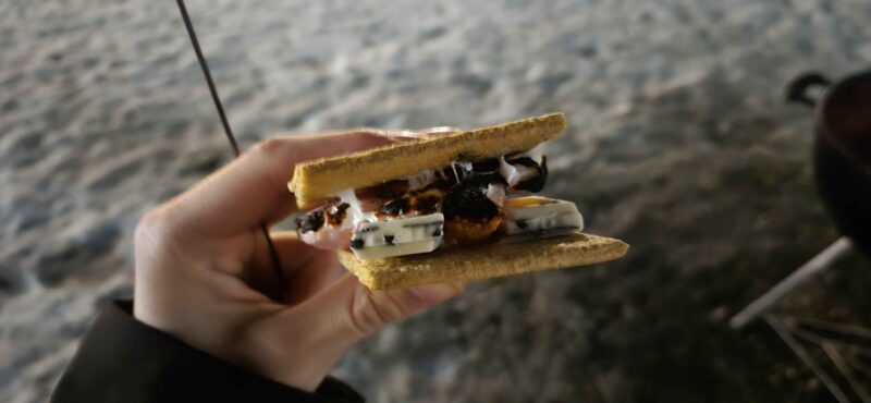a smore with peeps and cookies and creme chocolate