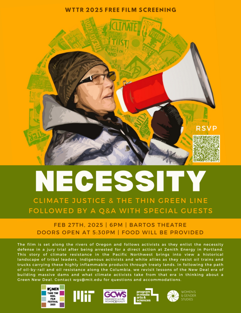 a poster that says "necessity" with a woman with a bullhorn on the top