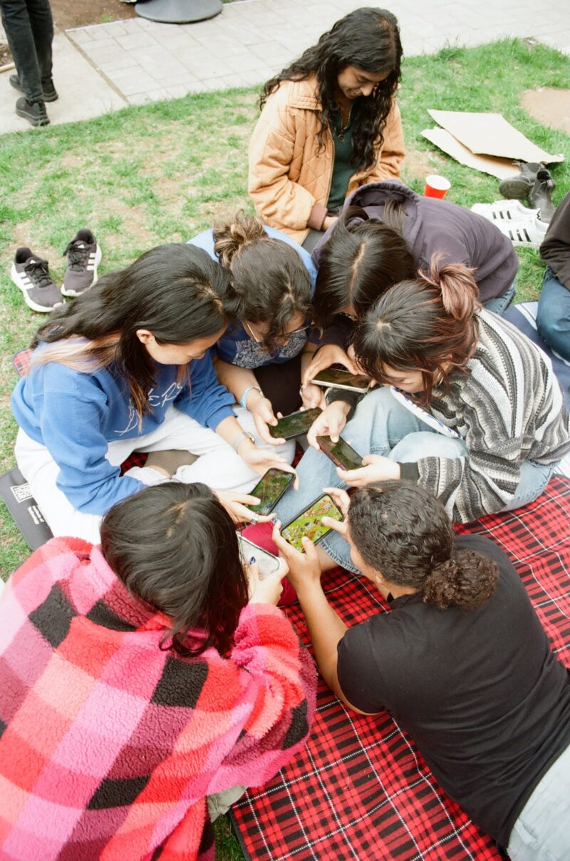 A group of people on a picnic blanket playing a mobile game.