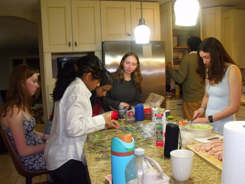 Six threeks in semi formal outfits gather around a cluttered granite-topped island, busy with meal prep under two bright pendant lights. Lisa, who is wearing a white dress, is the only one actually cooking: she is chopping up vegetables while Anooshka and Renuka put together a “Star Wars” puzzle. In the background, Izaan, wearing a green sweater rummages, through an open pantry.