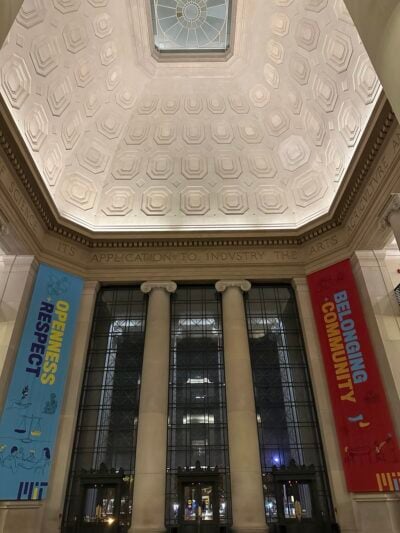 A photo of MIT's lobby 7 at night