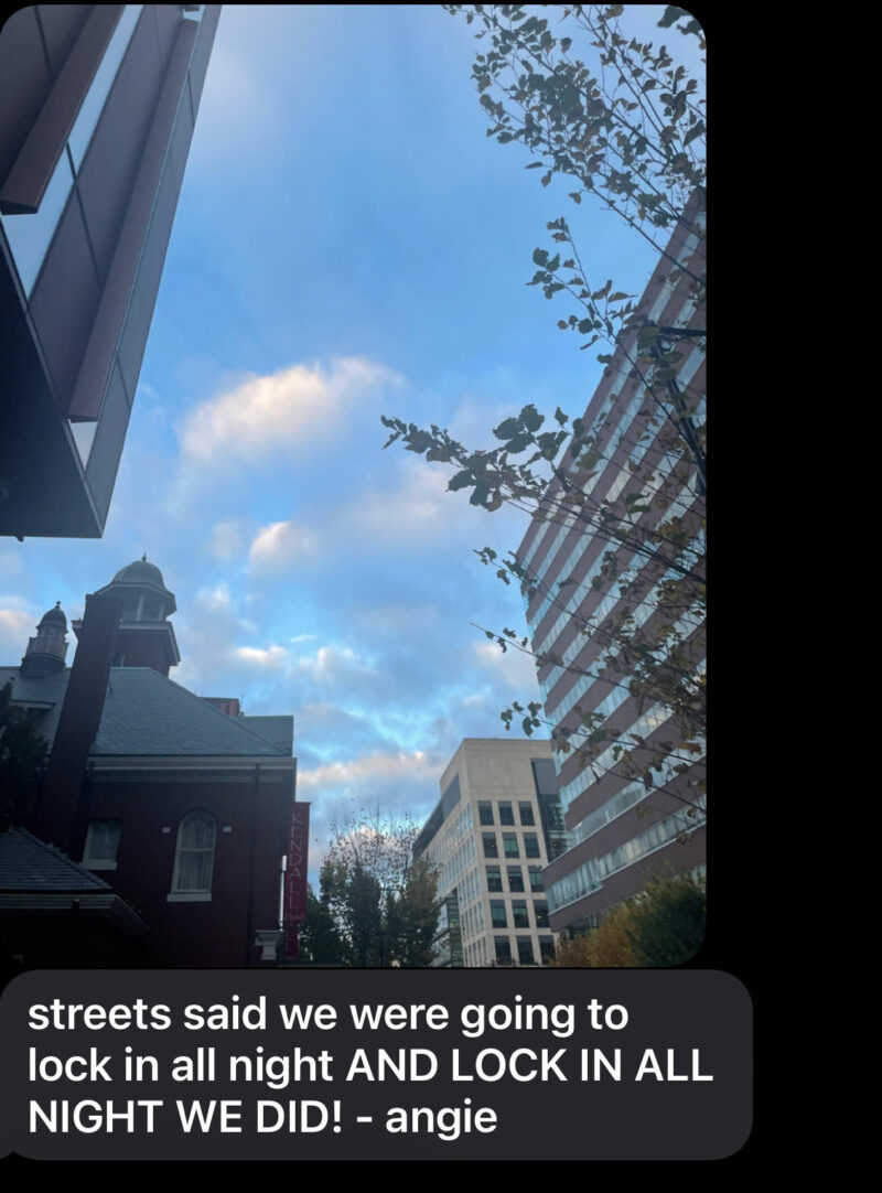 Two text messages. The first one is a photo of the morning sky among buildings, the second reads