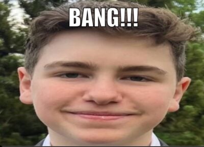 A stretched out image of a young man with brown hair and a slight smile. The image is captioned "BANG!!!" in white impact font with black borders