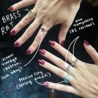 six rings, labeled with where I bought them