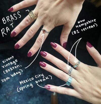 six rings, labeled with where I bought them