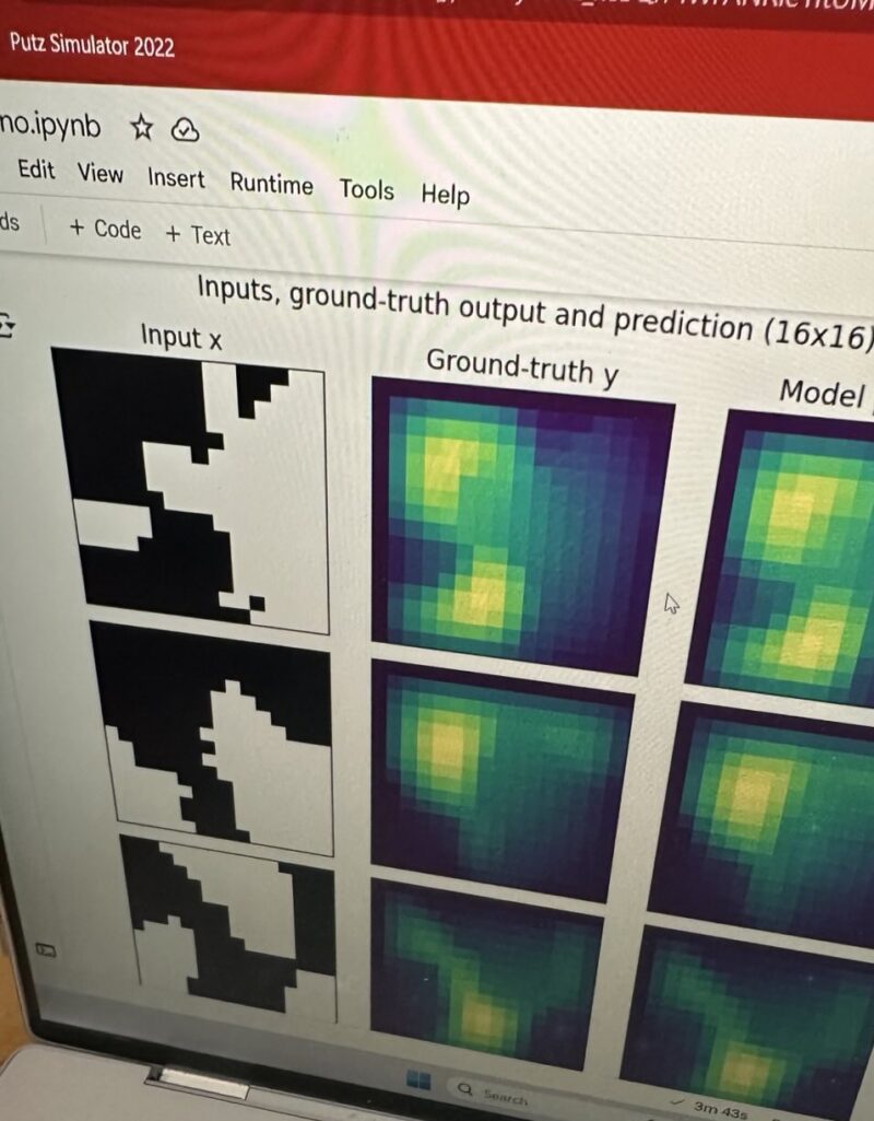 A photo of two columns of fluid plots (which look like blue to yellow gradients) on a laptop screen labeled