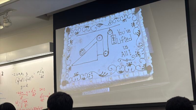 Photo of a cake with a pulley problem reading