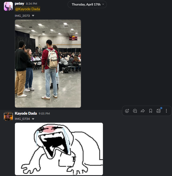 Kayode being sniped and then sending a picture of a guy sobbing on teh ground. It's crudely drawn in ms paint. every picture for the rest of the blog has a little crying guy like this.