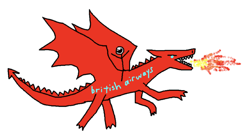 a stick figure riding a red dragon labeled "british airways"