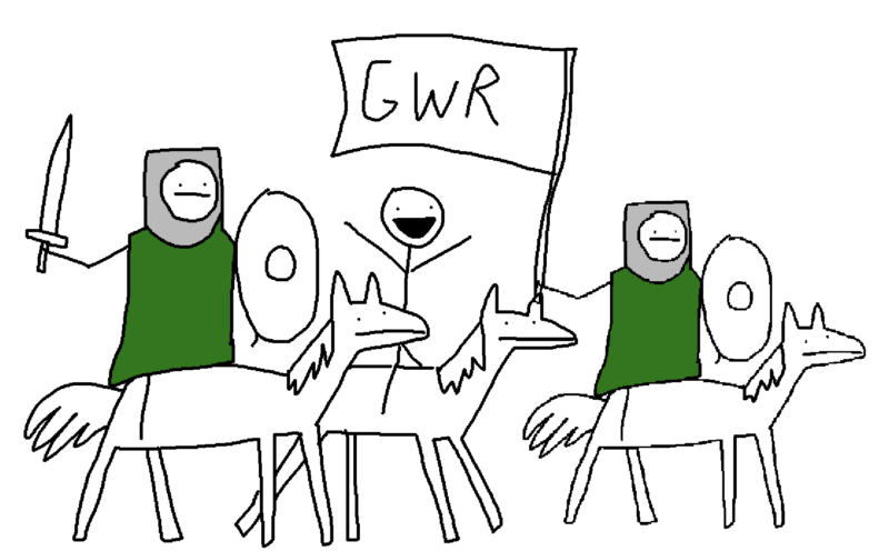 knights on horseback carrying a flag that says "GWR"