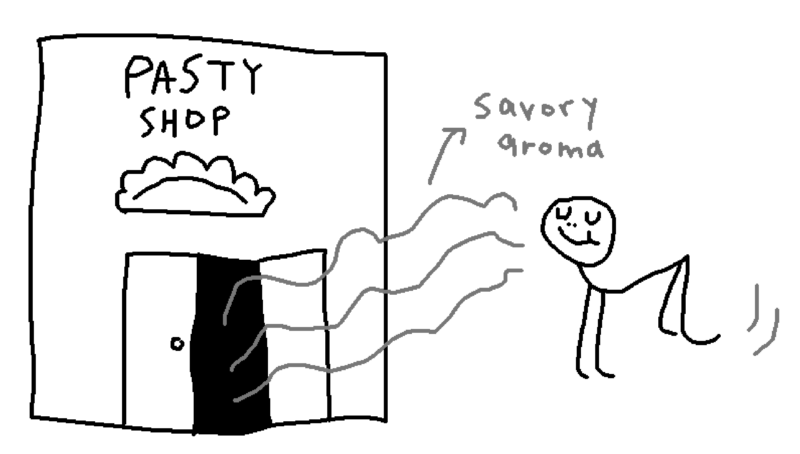 drawing of me as a stick figure floating towards the smell of pasties like a cartoon character