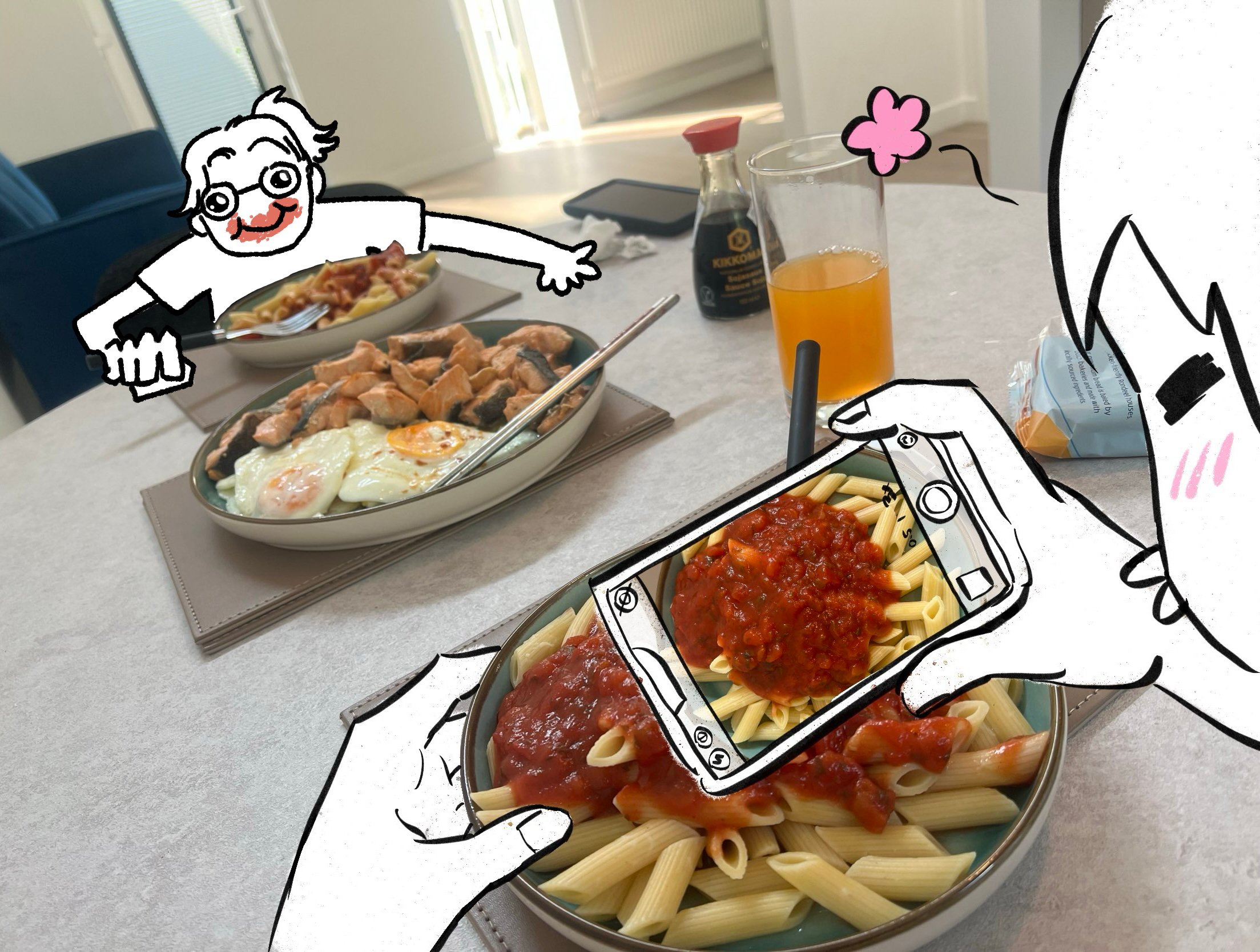 me and jebby sitting across the table eating pasta and salmon and eggs