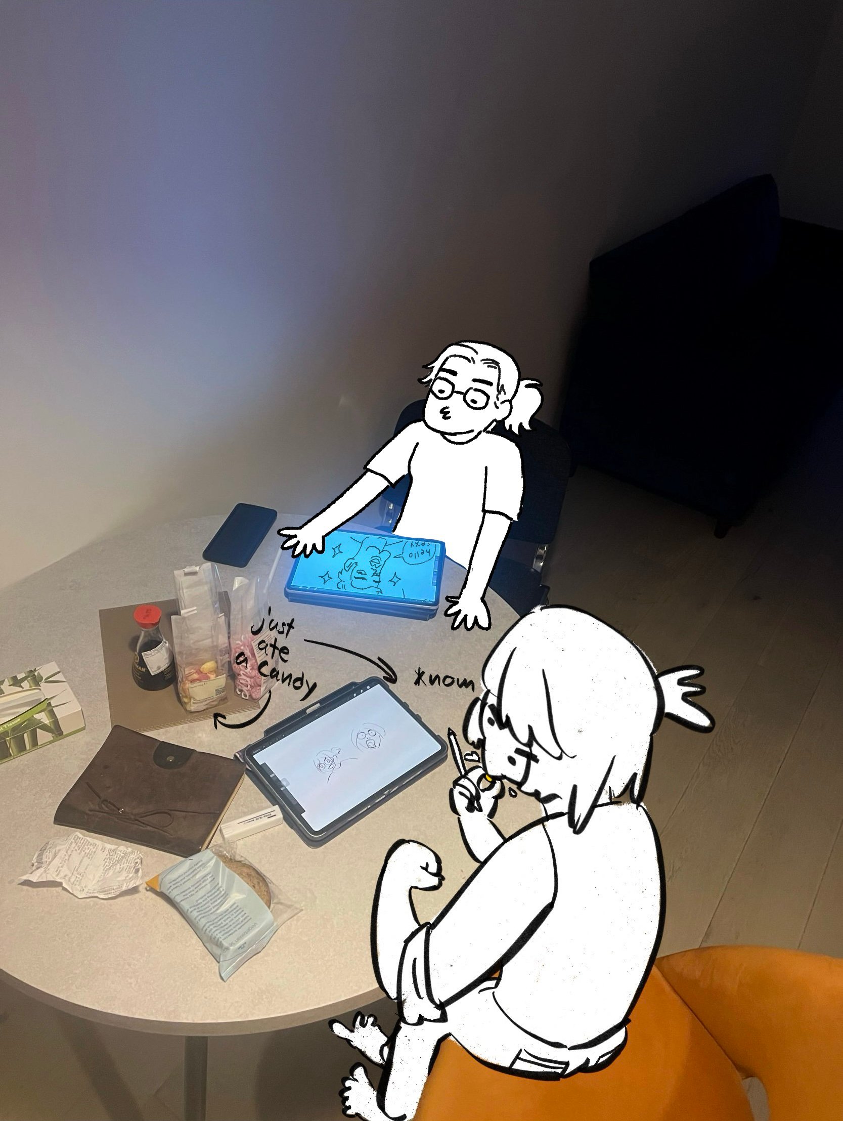 me and jebby are sitting at the kitchen table, blogging into the night