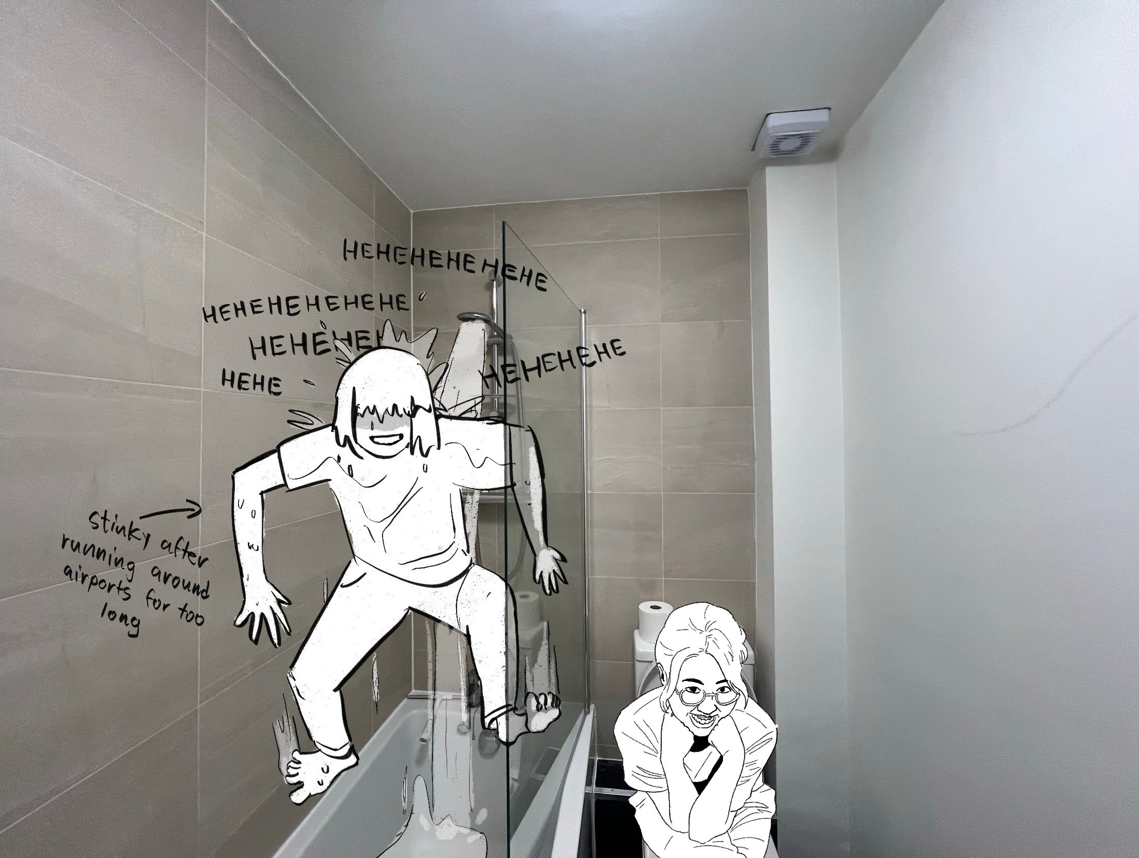 i am in the shower with my clothes soaked through and my feet sliding down the walls. jebby is jarringly realistic, posing on the toilet