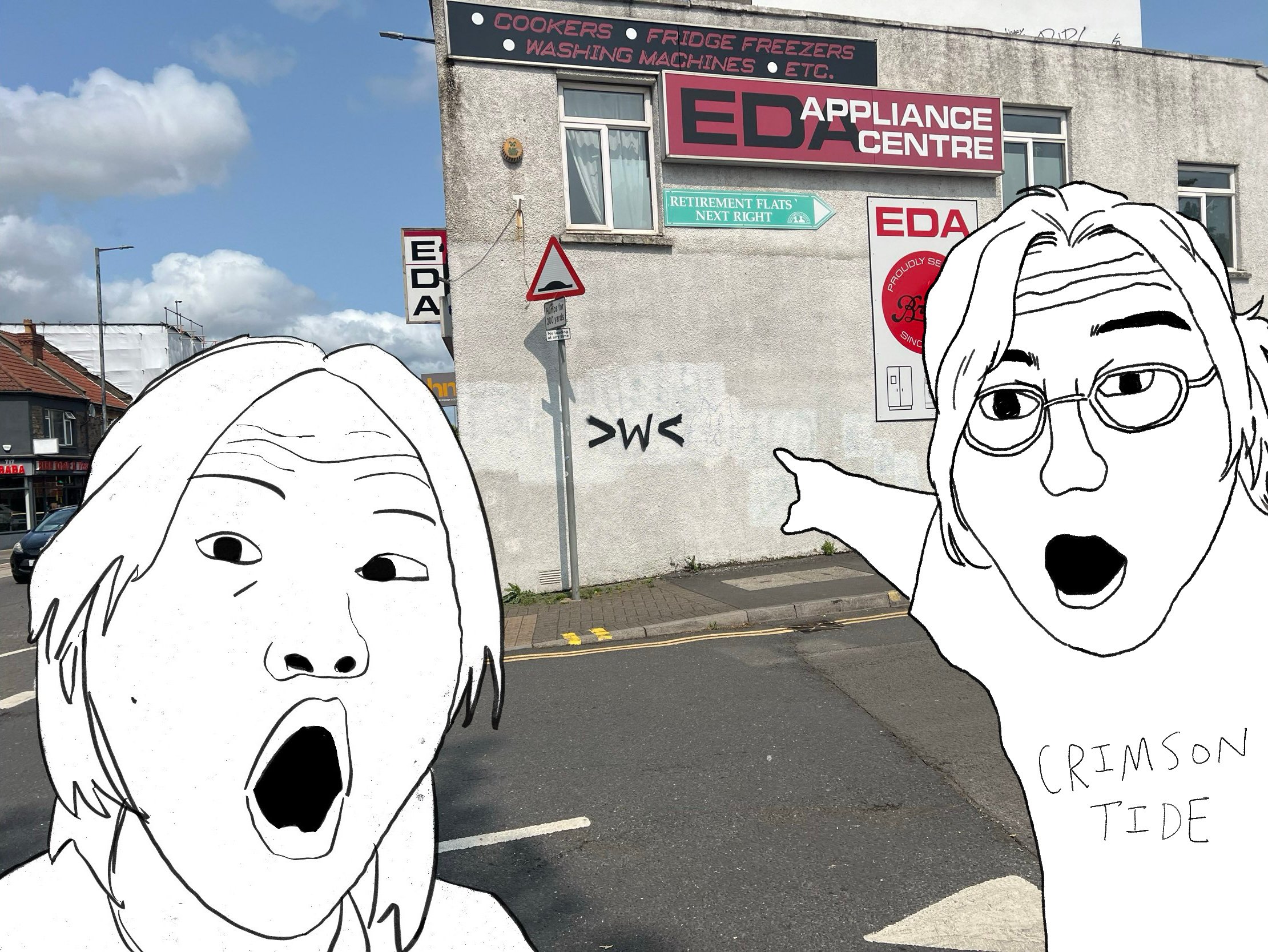 the two of us in the wojack meme format, pointing to a >w< painted on a wall
