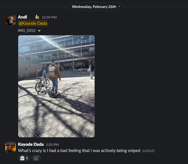 Snipe of Kayode outside Stata