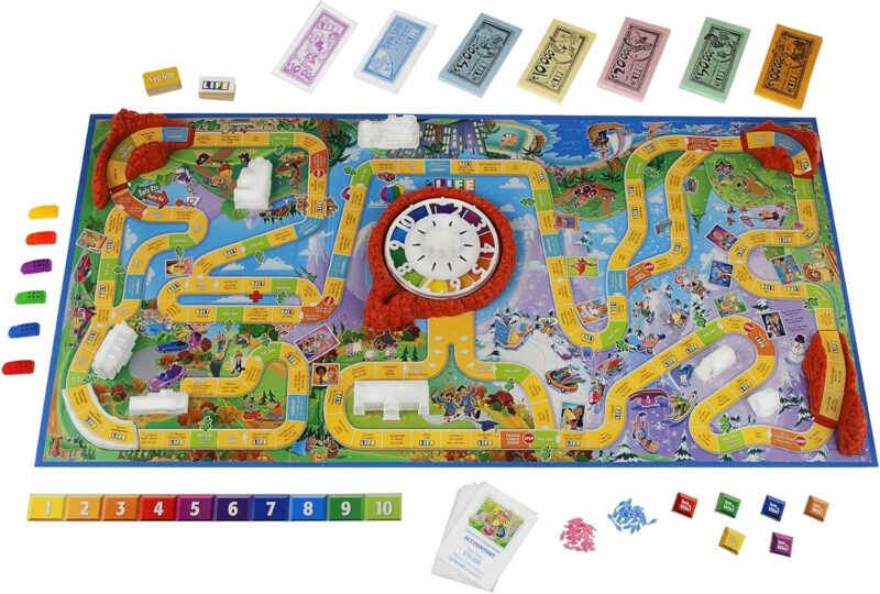 picture of the board game Game of Life with cards and tokens laid out