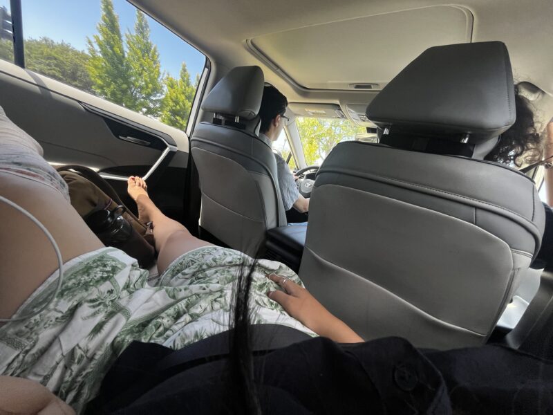 View from the backseat of a car, with a person lying down, their legs stretched across the seat. Two people are visible in the front seats, with sunlight streaming through the windows and trees visible outside.