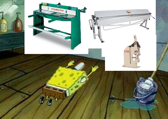 meme of spongebob bowing to a picture of the three machines, the shear, break, and punch.