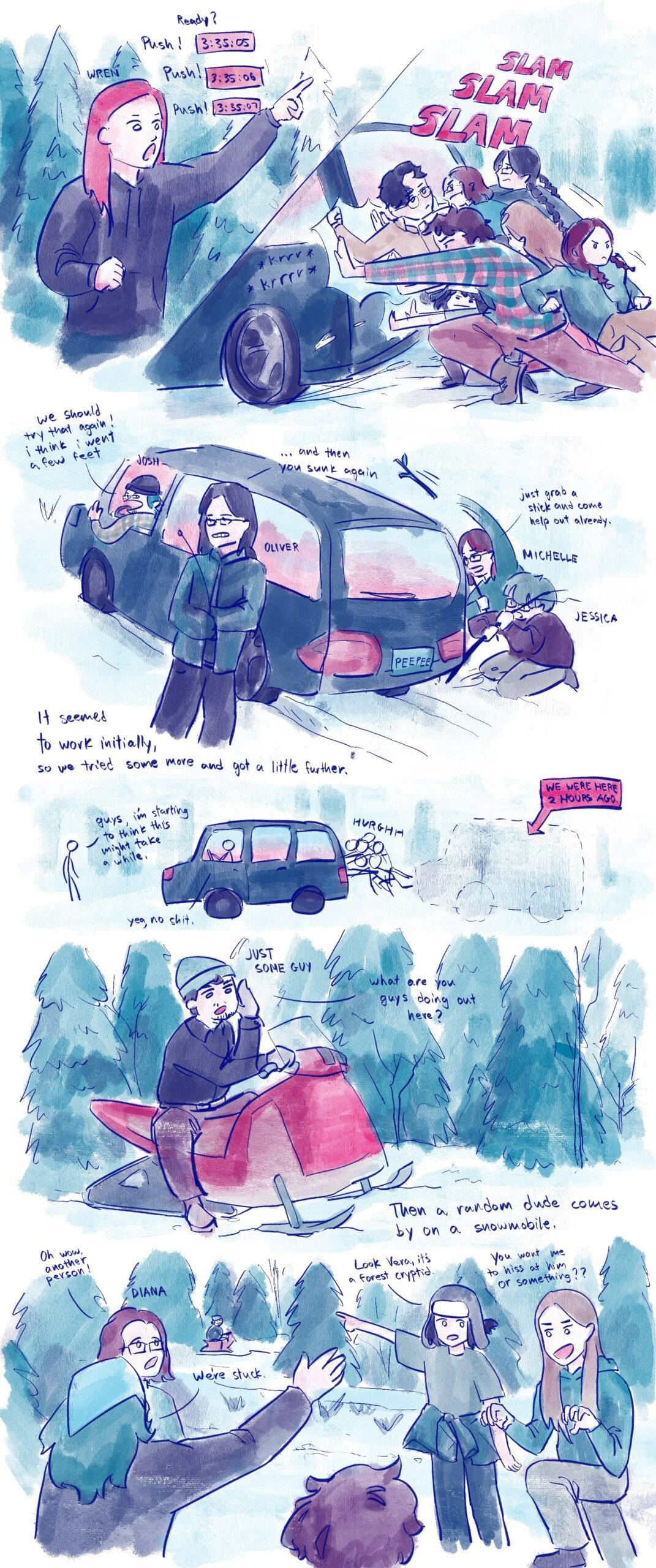 we try oscillating the car out of the ditch to no avail. an asshole zooms by and tell sus we're dumb