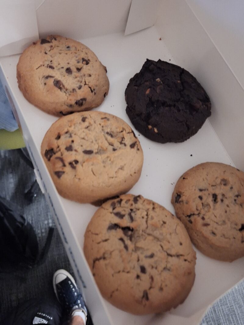 An assortment of freshly baked cookies in a box, including five chocolate chip cookies and one dark chocolate cookie.