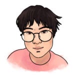 A head-and-shoulders illustration of Boheng. They have messy dark hair, big glasses, and a slight close-mouthed smile. They are wearing a pink shirt.