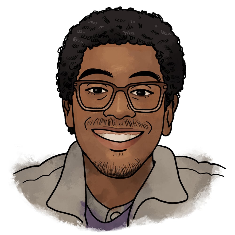A head-and-shoulders illustration of Caleb. He is smiling, has glasses and a mustache/goatee, dark brown skin and short, dark coily hair. He is wearing a grey collared shirt.